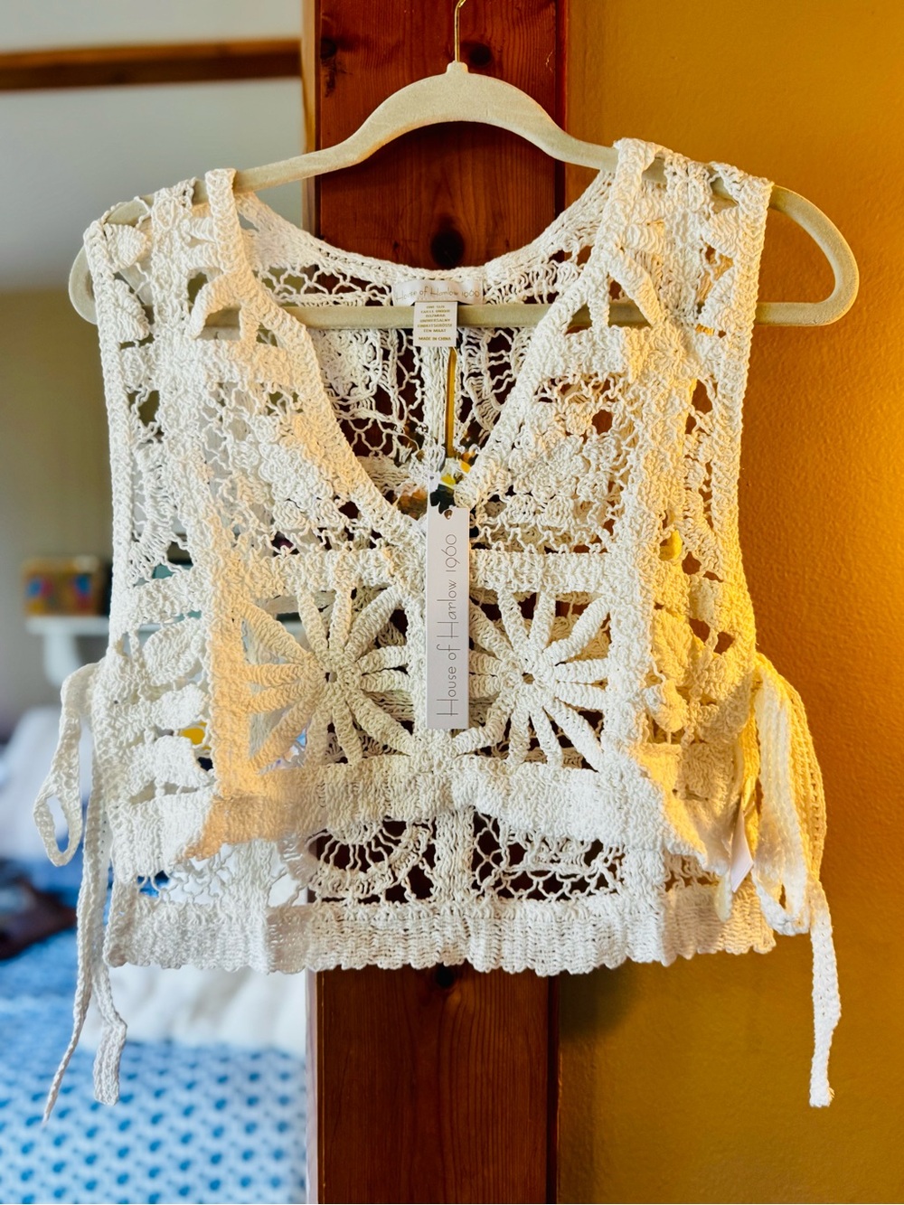 House of Harlow 1960 Ivory Crochet Crop Top with Side Ties